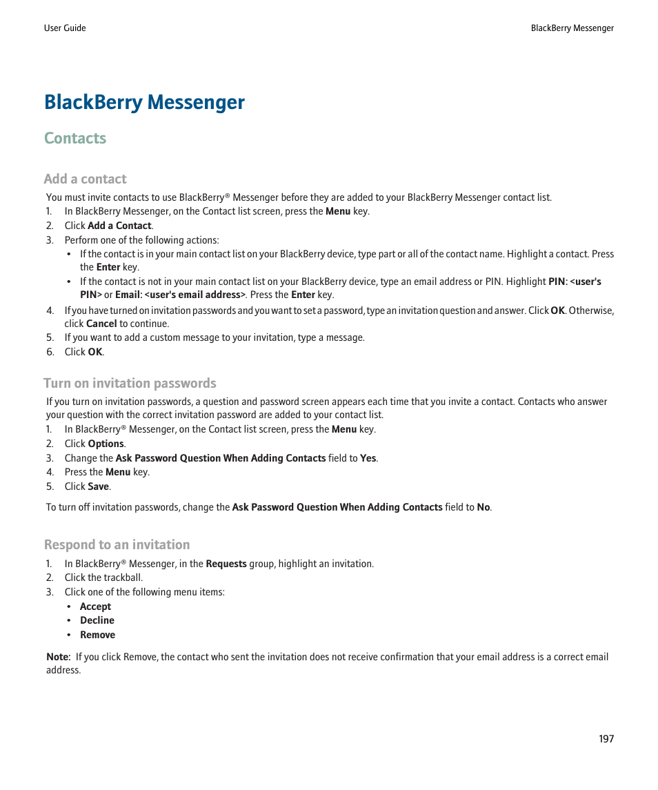 Blackberry messenger, Contacts, Add a contact | Turn on invitation passwords, Respond to an invitation | Blackberry 9000 User Manual | Page 199 / 275