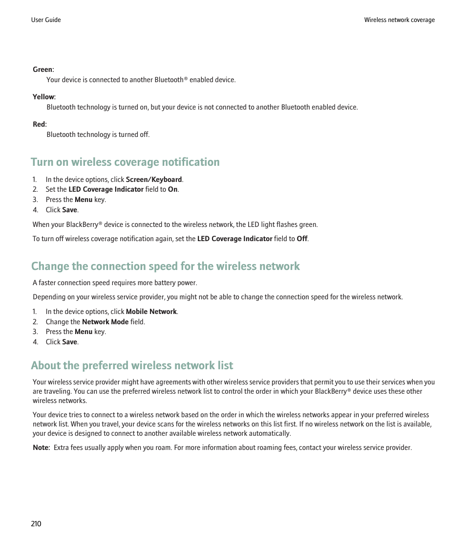 Turn on wireless coverage notification, About the preferred wireless network list | Blackberry 9000 User Manual | Page 212 / 275