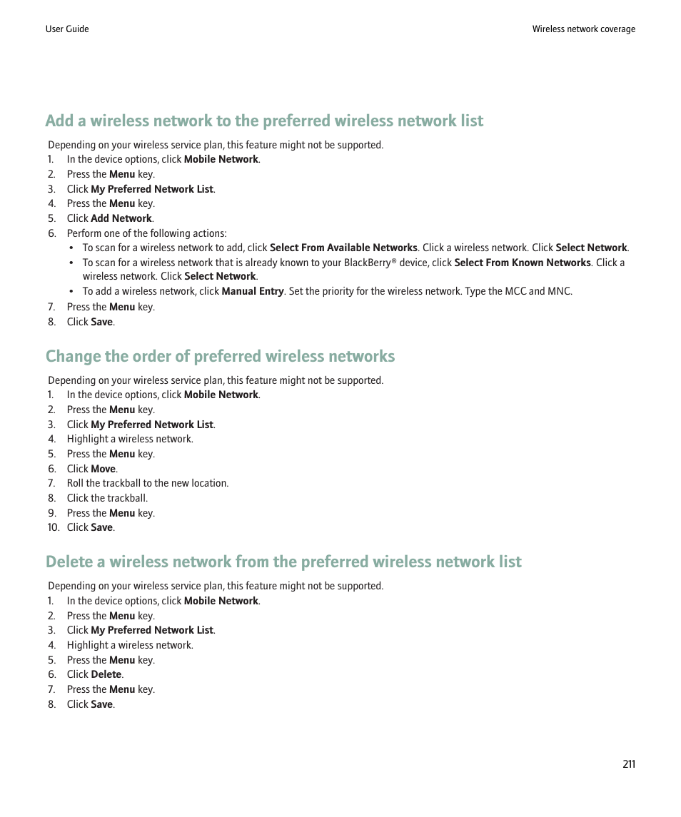 Change the order of preferred wireless networks | Blackberry 9000 User Manual | Page 213 / 275