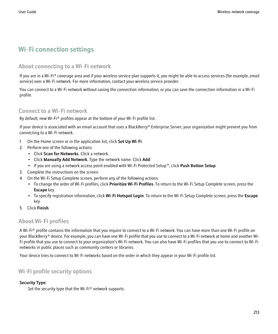 Wi-fi connection settings, About connecting to a wi-fi network, Connect to a wi-fi network | About wi-fi profiles, Wi-fi profile security options | Blackberry 9000 User Manual | Page 215 / 275