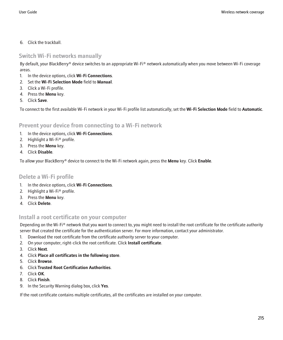 Switch wi-fi networks manually, Delete a wi-fi profile, Install a root certificate on your computer | Blackberry 9000 User Manual | Page 217 / 275
