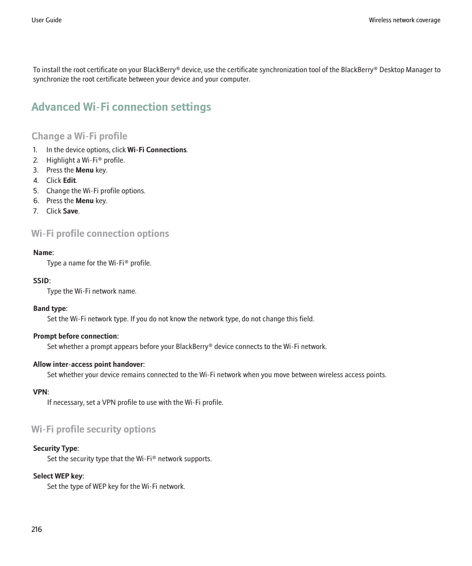 Advanced wi-fi connection settings, Change a wi-fi profile, Wi-fi profile connection options | Wi-fi profile security options | Blackberry 9000 User Manual | Page 218 / 275