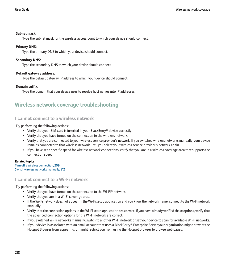 Wireless network coverage troubleshooting, I cannot connect to a wireless network, I cannot connect to a wi-fi network | Blackberry 9000 User Manual | Page 220 / 275