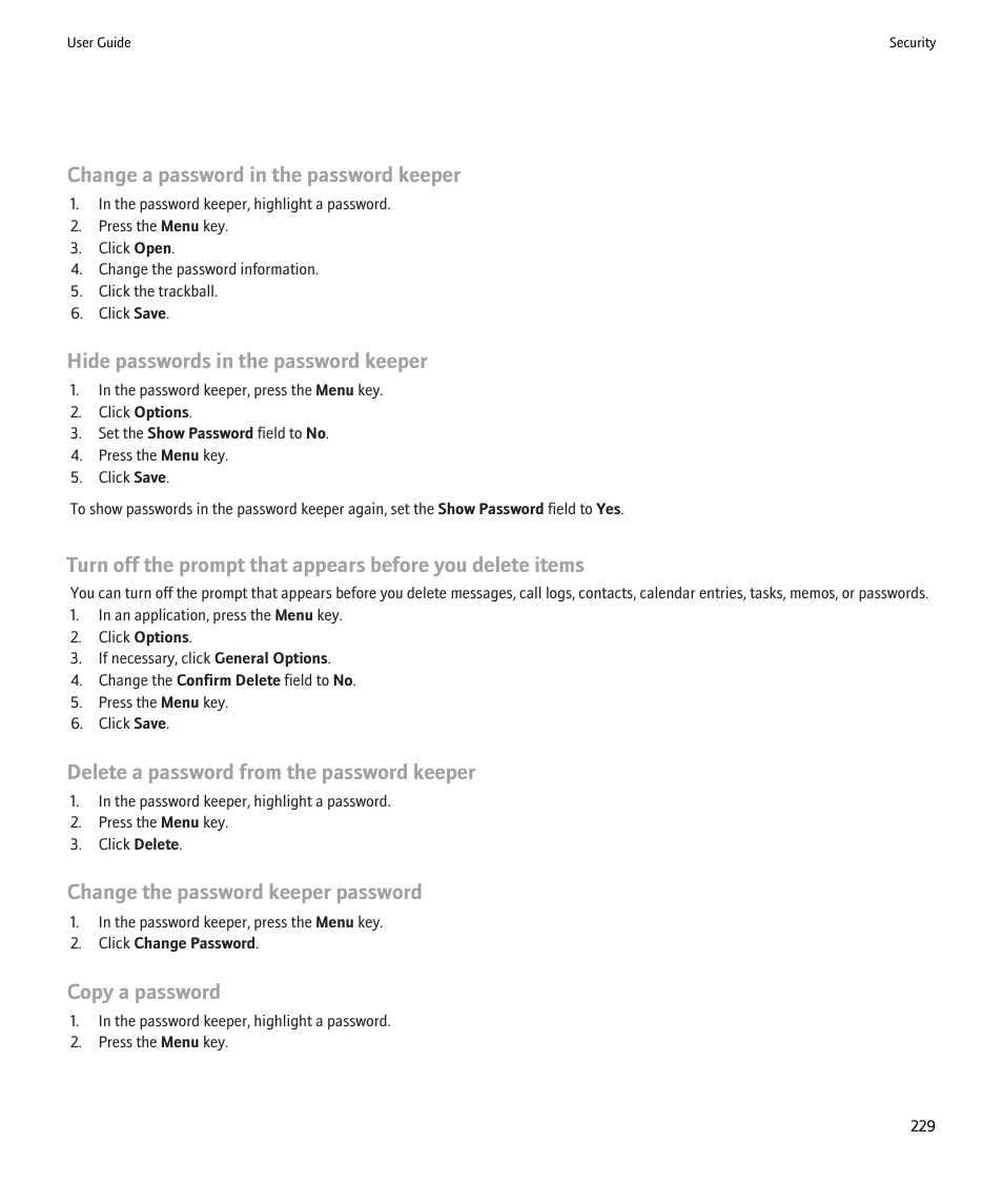 Change a password in the password keeper, Hide passwords in the password keeper, Delete a password from the password keeper | Change the password keeper password, Copy a password | Blackberry 9000 User Manual | Page 231 / 275