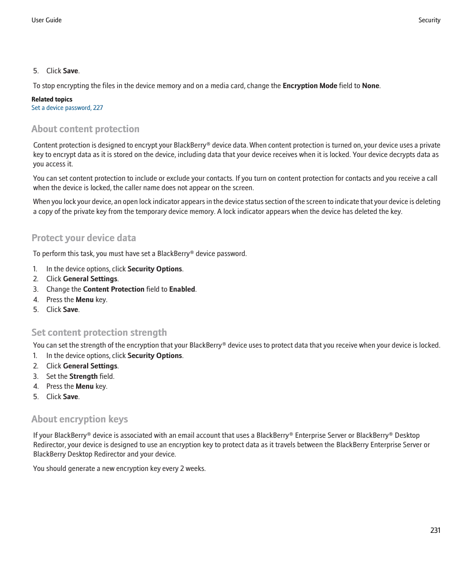 About content protection, Protect your device data, Set content protection strength | About encryption keys | Blackberry 9000 User Manual | Page 233 / 275