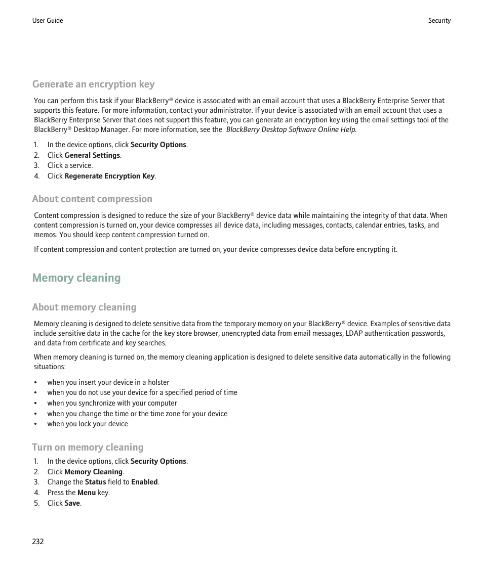 Memory cleaning, Generate an encryption key, 232, Generate an encryption key | About content compression | Blackberry 9000 User Manual | Page 234 / 275