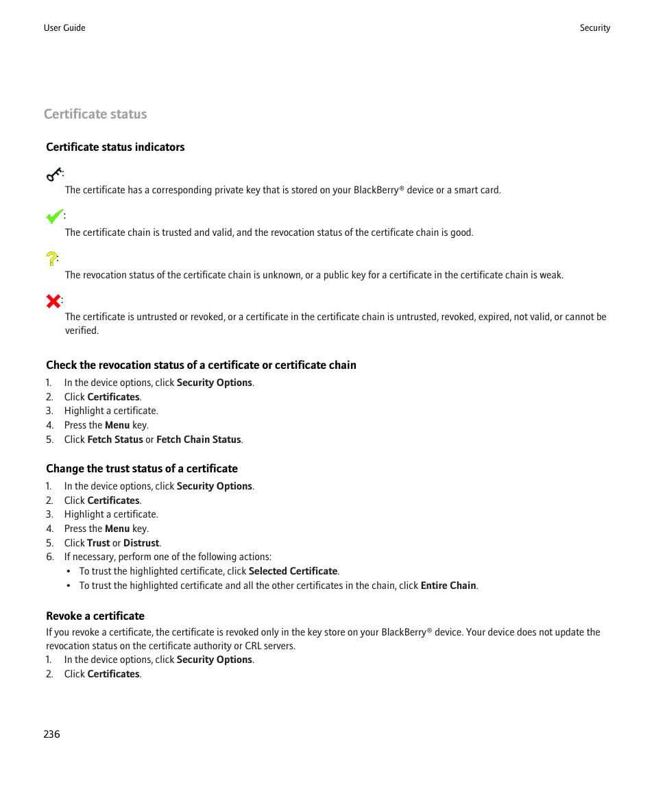 Certificate status | Blackberry 9000 User Manual | Page 238 / 275