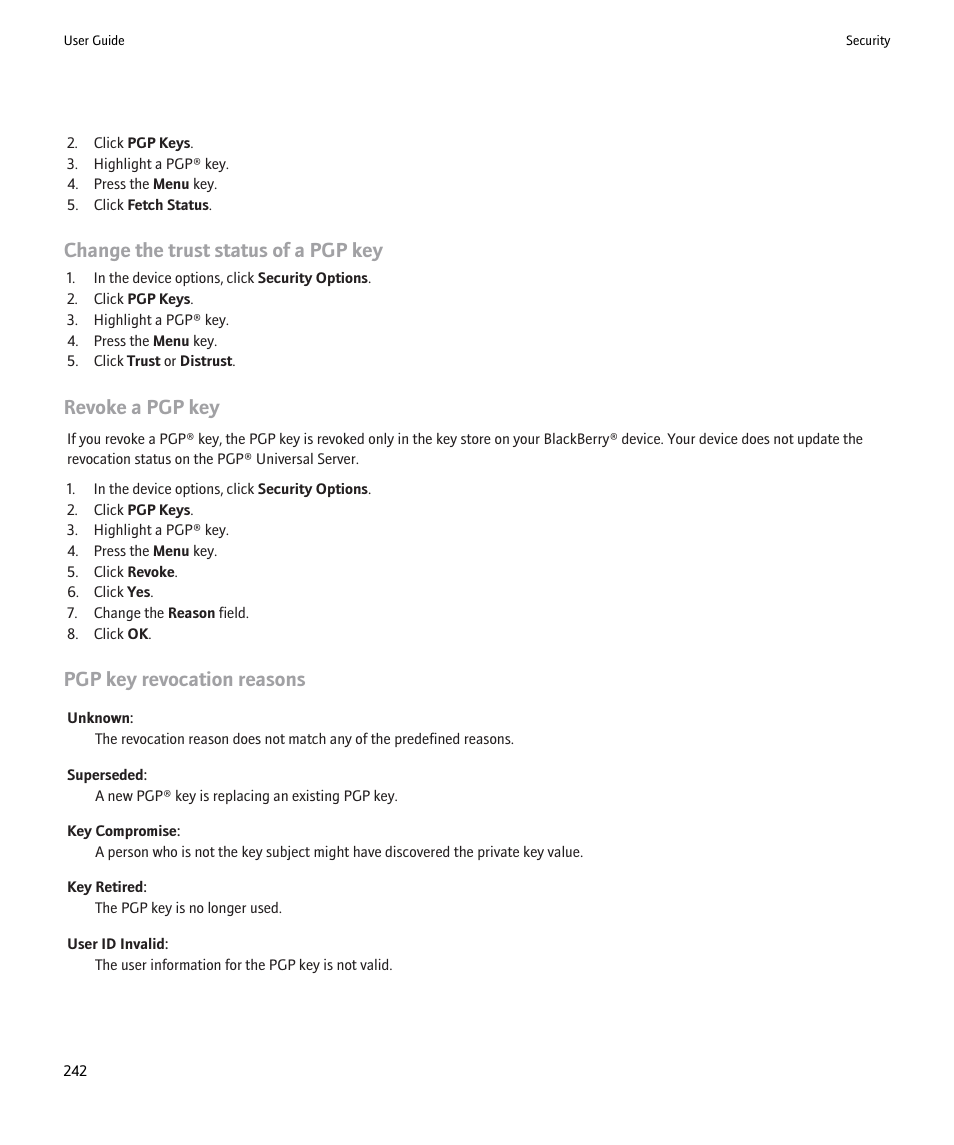 Change the trust status of a pgp key, Revoke a pgp key, Pgp key revocation reasons | Blackberry 9000 User Manual | Page 244 / 275