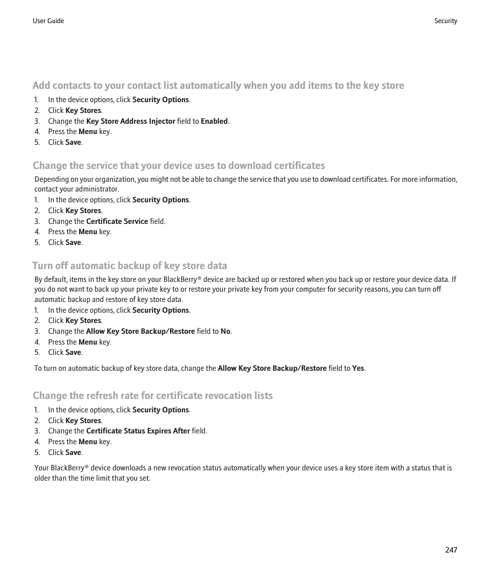 Turn off automatic backup of key store data | Blackberry 9000 User Manual | Page 249 / 275