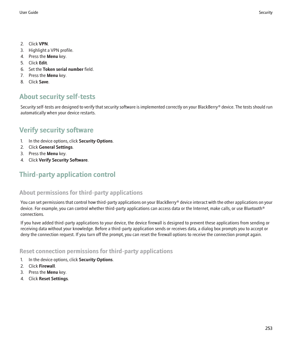 About security self-tests, Verify security software, Third-party application control | About permissions for third-party applications | Blackberry 9000 User Manual | Page 255 / 275