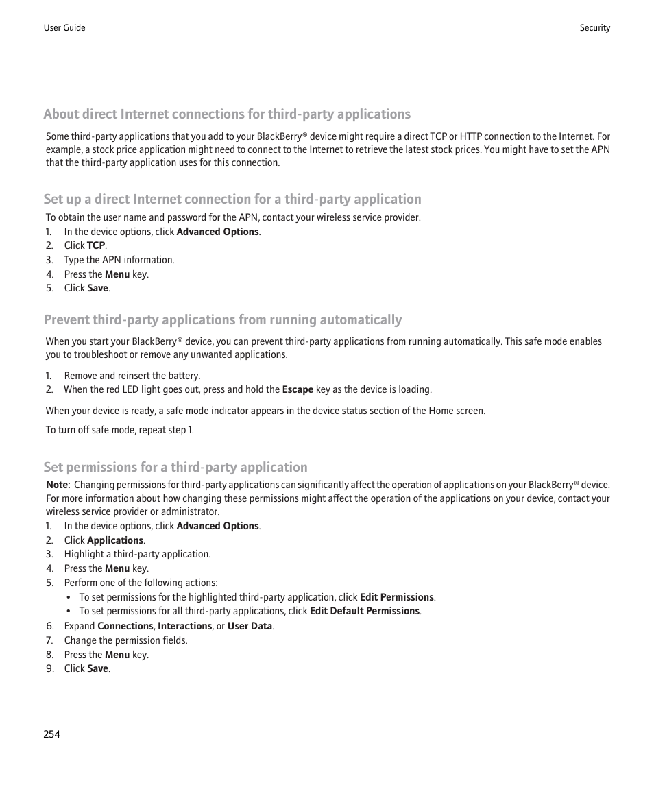 Set permissions for a third-party application | Blackberry 9000 User Manual | Page 256 / 275