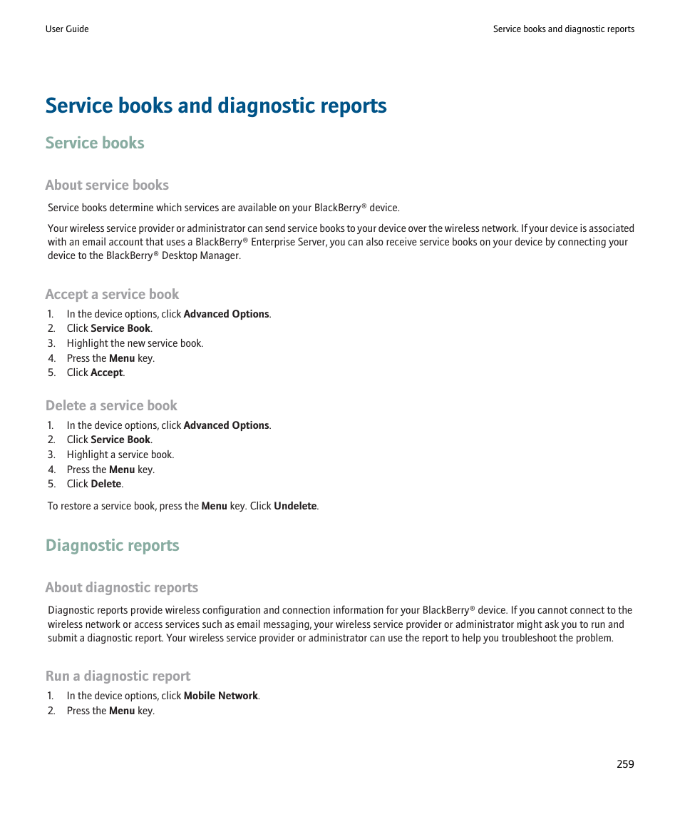 Service books and diagnostic reports, Service books, Diagnostic reports | Blackberry 9000 User Manual | Page 261 / 275