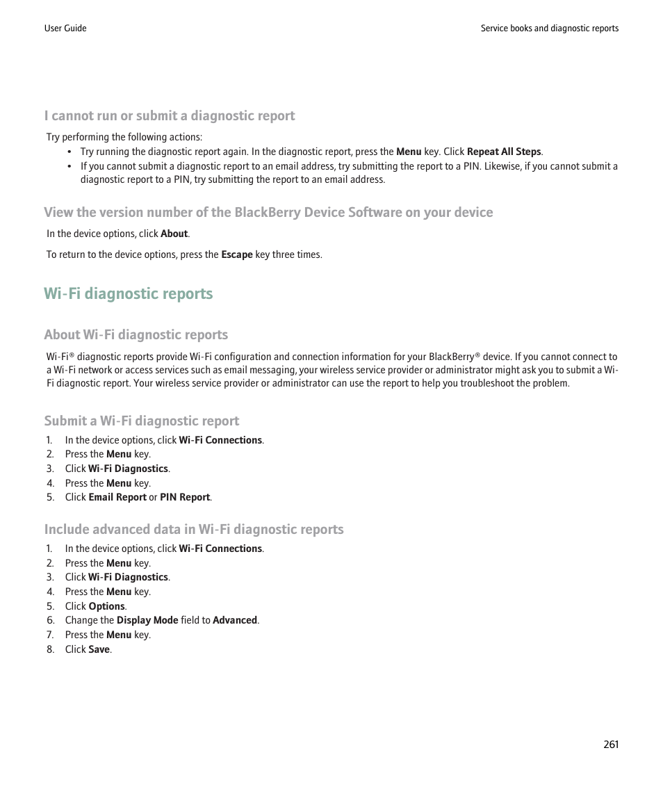 Wi-fi diagnostic reports, I cannot run or submit a diagnostic report, About wi-fi diagnostic reports | Submit a wi-fi diagnostic report, Include advanced data in wi-fi diagnostic reports | Blackberry 9000 User Manual | Page 263 / 275