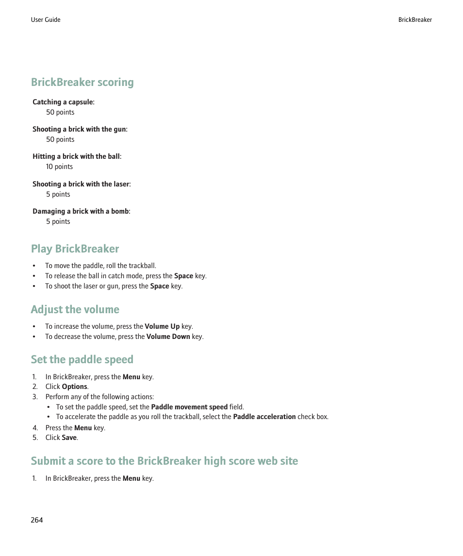 Brickbreaker scoring, Play brickbreaker, Adjust the volume | Set the paddle speed | Blackberry 9000 User Manual | Page 266 / 275