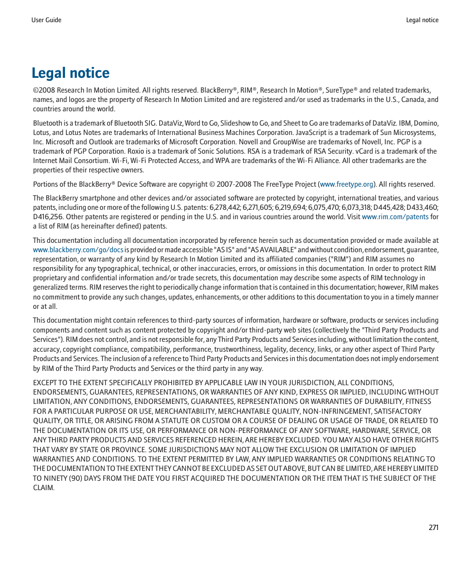 Legal notice | Blackberry 9000 User Manual | Page 273 / 275