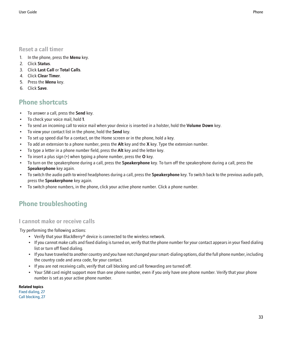 Phone shortcuts, Phone troubleshooting, Reset a call timer | I cannot make or receive calls | Blackberry 9000 User Manual | Page 35 / 275