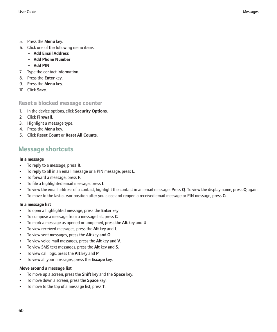 Message shortcuts, Reset a blocked message counter | Blackberry 9000 User Manual | Page 62 / 275