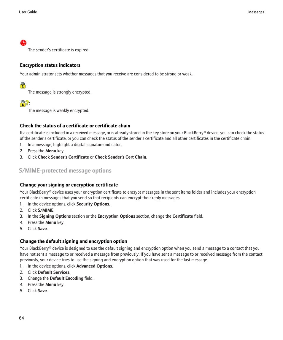 S/mime-protected message options | Blackberry 9000 User Manual | Page 66 / 275