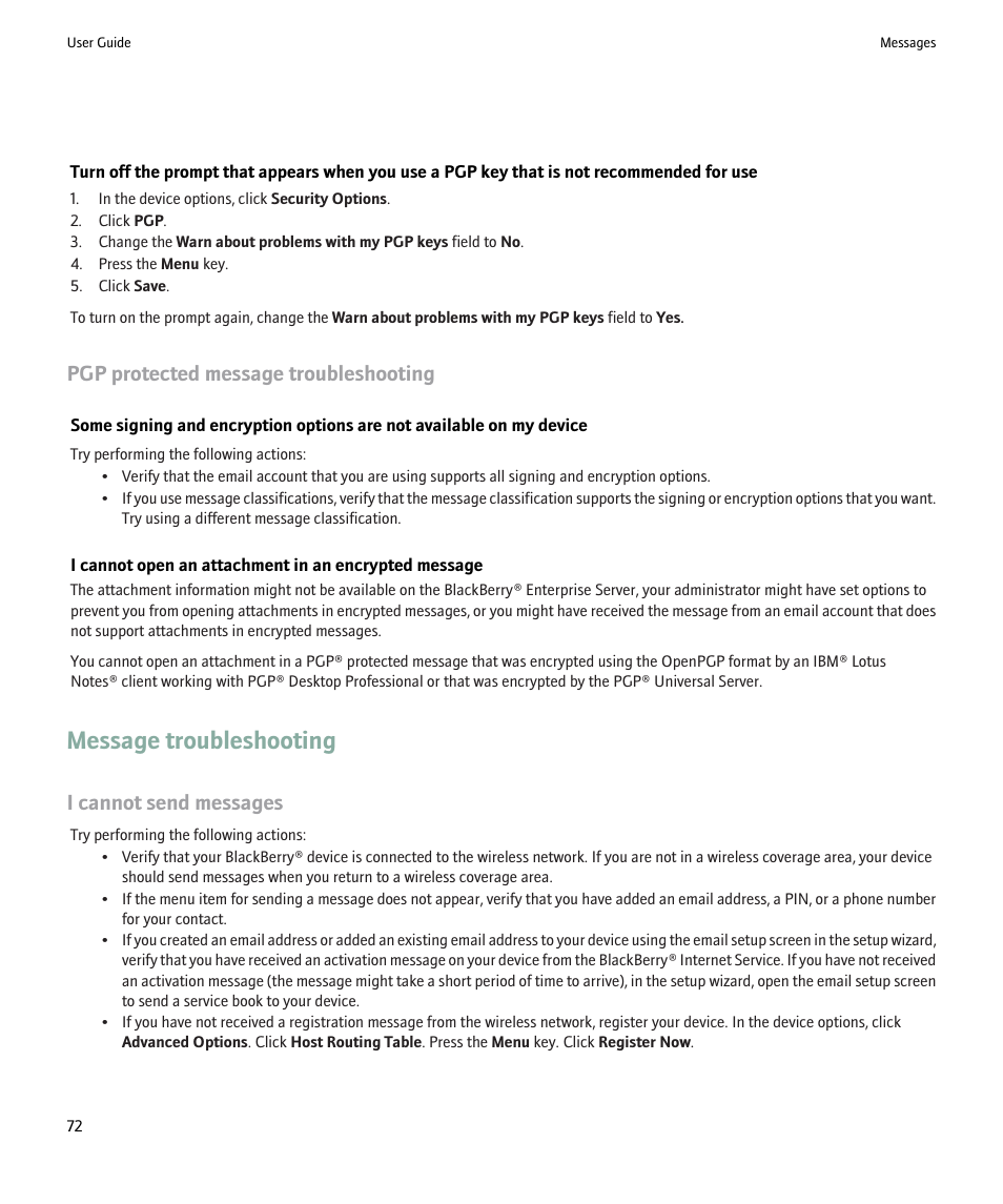 Message troubleshooting, Pgp protected message troubleshooting, I cannot send messages | Blackberry 9000 User Manual | Page 74 / 275