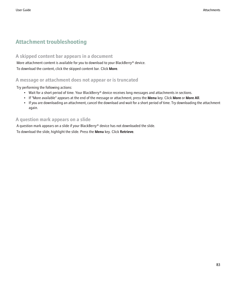 Attachment troubleshooting, A skipped content bar appears in a document, A question mark appears on a slide | Blackberry 9000 User Manual | Page 85 / 275