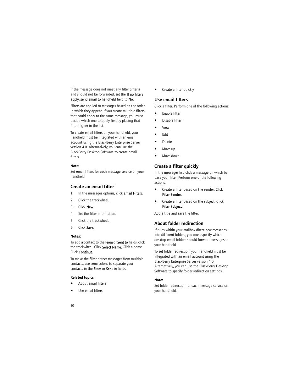 Create an email filter, Use email filters, Create a filter quickly | About folder redirection | Blackberry 6750 User Manual | Page 10 / 130