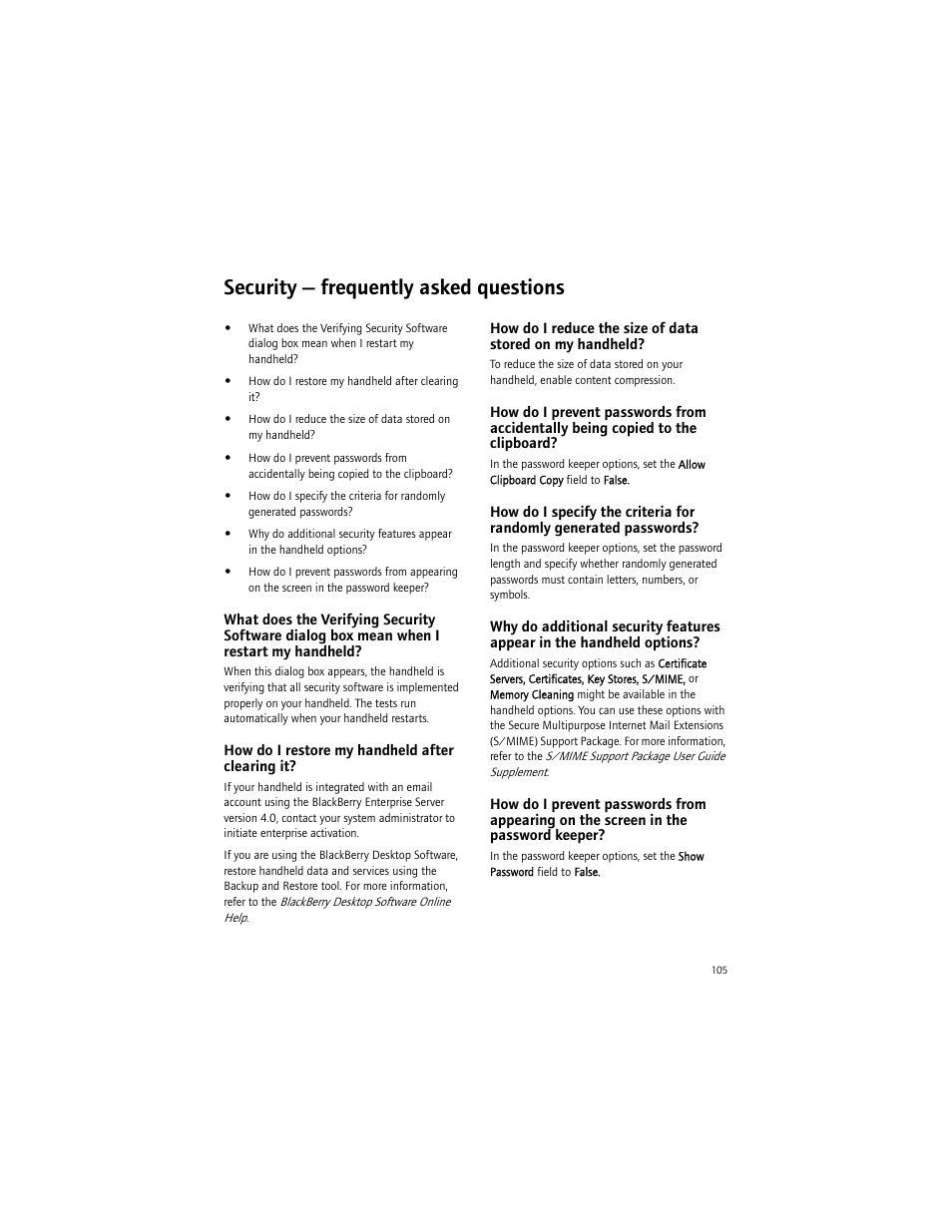 Security - frequently asked questions, How do i restore my handheld after clearing it, Security — frequently asked questions | Blackberry 6750 User Manual | Page 105 / 130