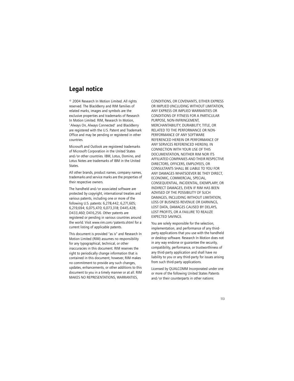 Legal notice | Blackberry 6750 User Manual | Page 113 / 130