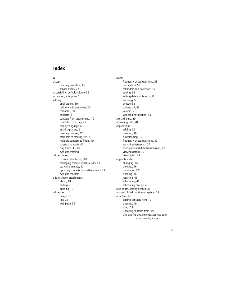 Index | Blackberry 6750 User Manual | Page 115 / 130