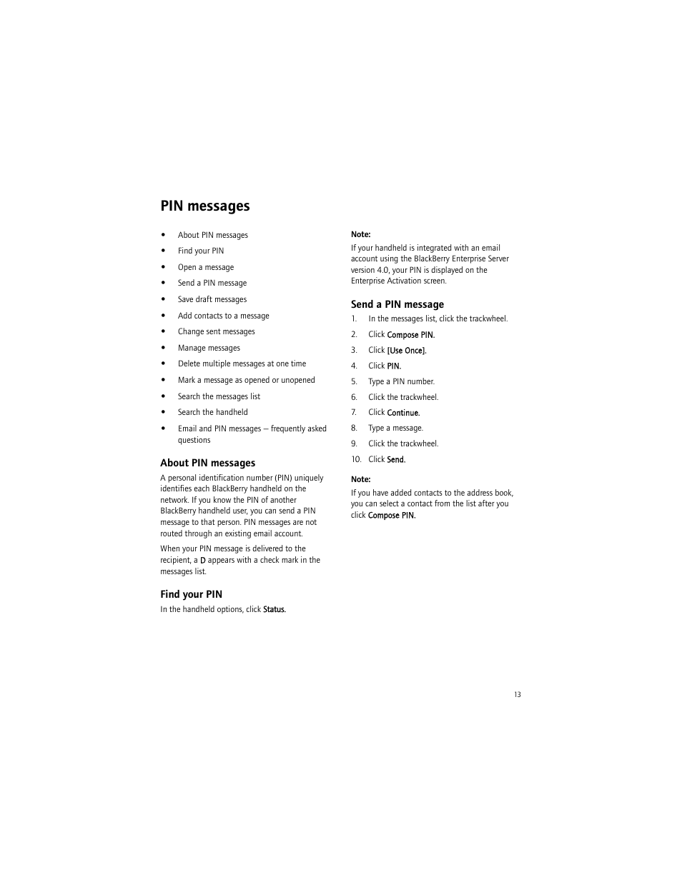 Pin messages, About pin messages, Find your pin | Send a pin message | Blackberry 6750 User Manual | Page 13 / 130
