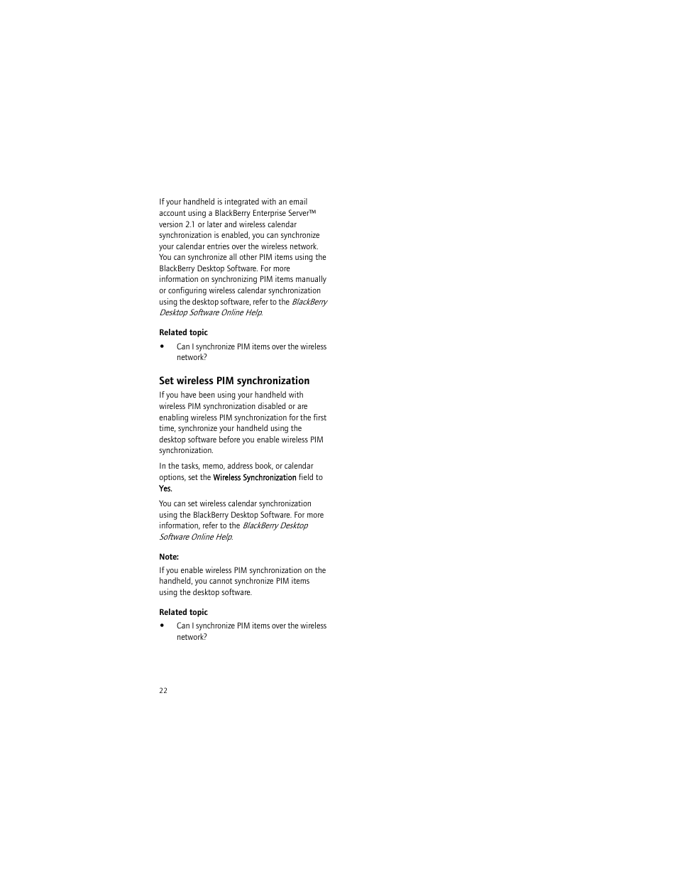 Set wireless pim synchronization | Blackberry 6750 User Manual | Page 22 / 130