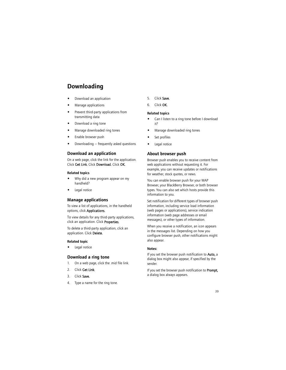 Downloading, Download an application, Manage applications | Download a ring tone, About browser push | Blackberry 6750 User Manual | Page 39 / 130