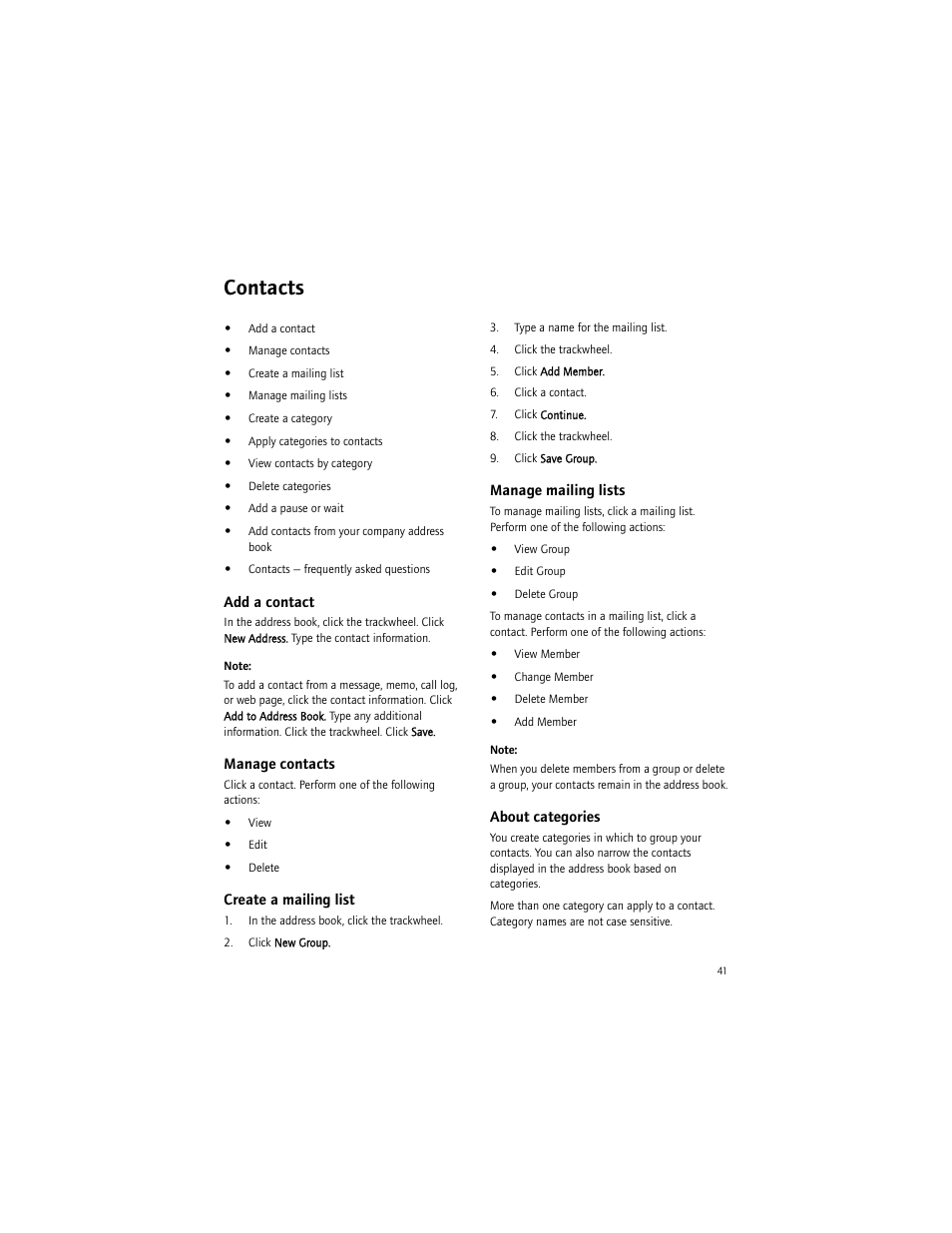 Contacts, Add a contact, Manage contacts | Create a mailing list, Manage mailing lists, About categories | Blackberry 6750 User Manual | Page 41 / 130