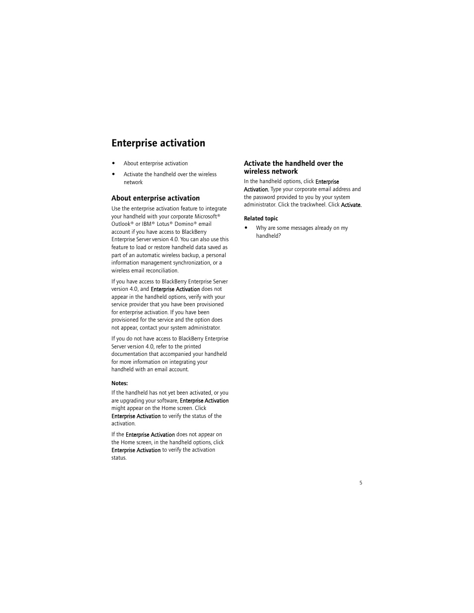 Enterprise activation, About enterprise activation, Activate the handheld over the wireless network | Blackberry 6750 User Manual | Page 5 / 130