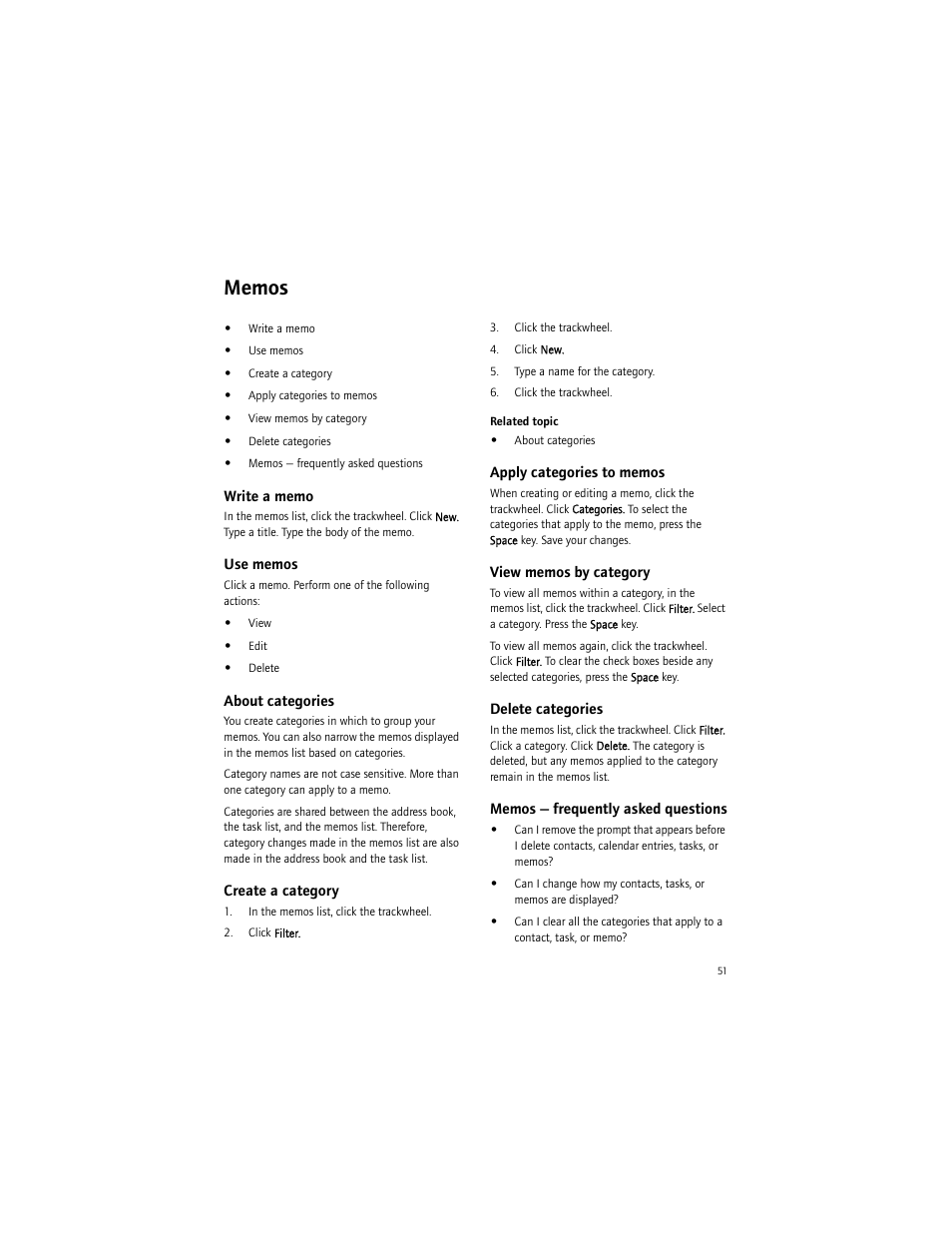 Memos, Write a memo, Use memos | About categories, Create a category, Apply categories to memos, View memos by category, Delete categories, Memos - frequently asked questions | Blackberry 6750 User Manual | Page 51 / 130