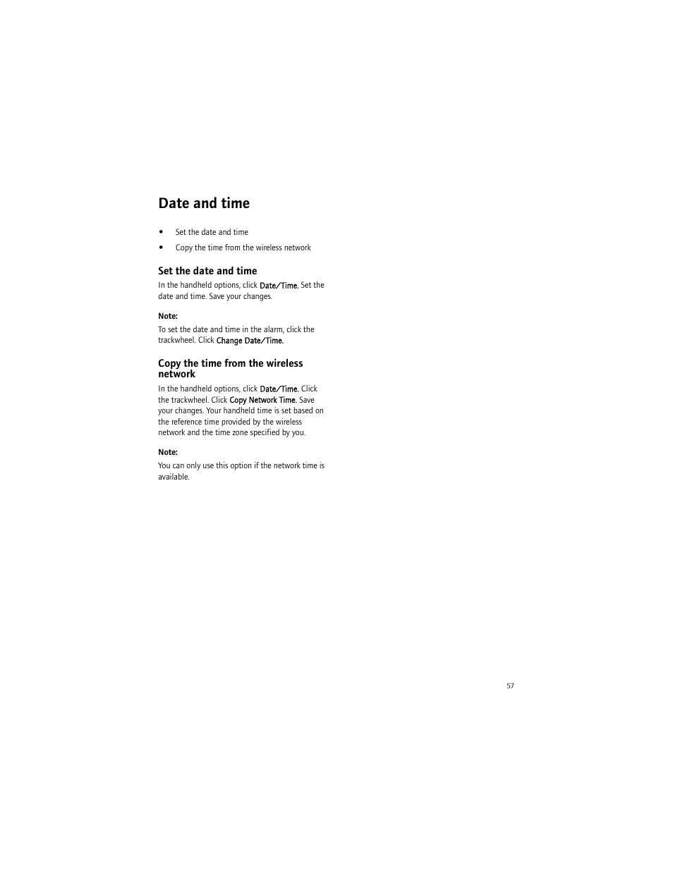 Date and time, Set the date and time, Copy the time from the wireless network | Blackberry 6750 User Manual | Page 57 / 130