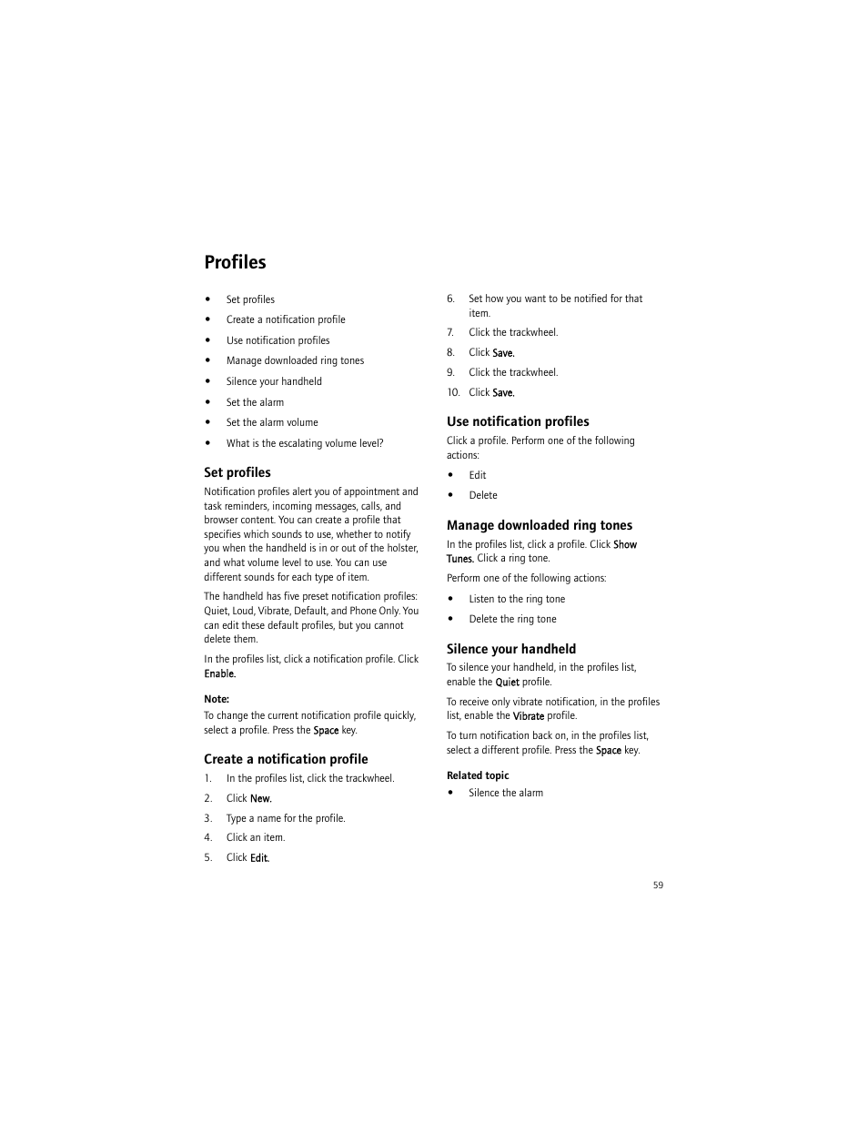 Profiles, Set profiles, Create a notification profile | Use notification profiles, Manage downloaded ring tones, Silence your handheld | Blackberry 6750 User Manual | Page 59 / 130