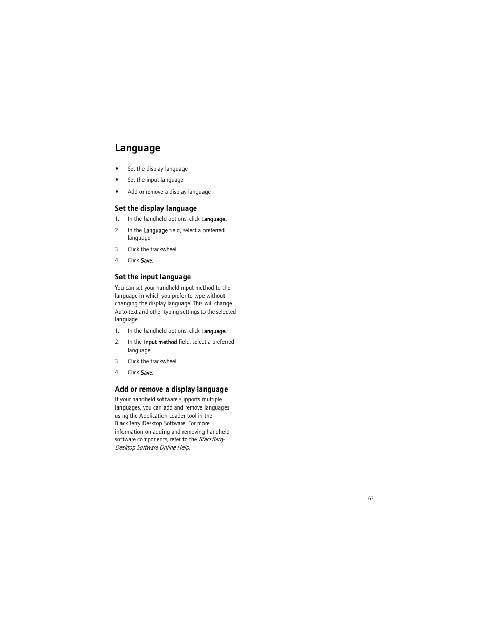 Language, Set the display language, Set the input language | Add or remove a display language | Blackberry 6750 User Manual | Page 63 / 130