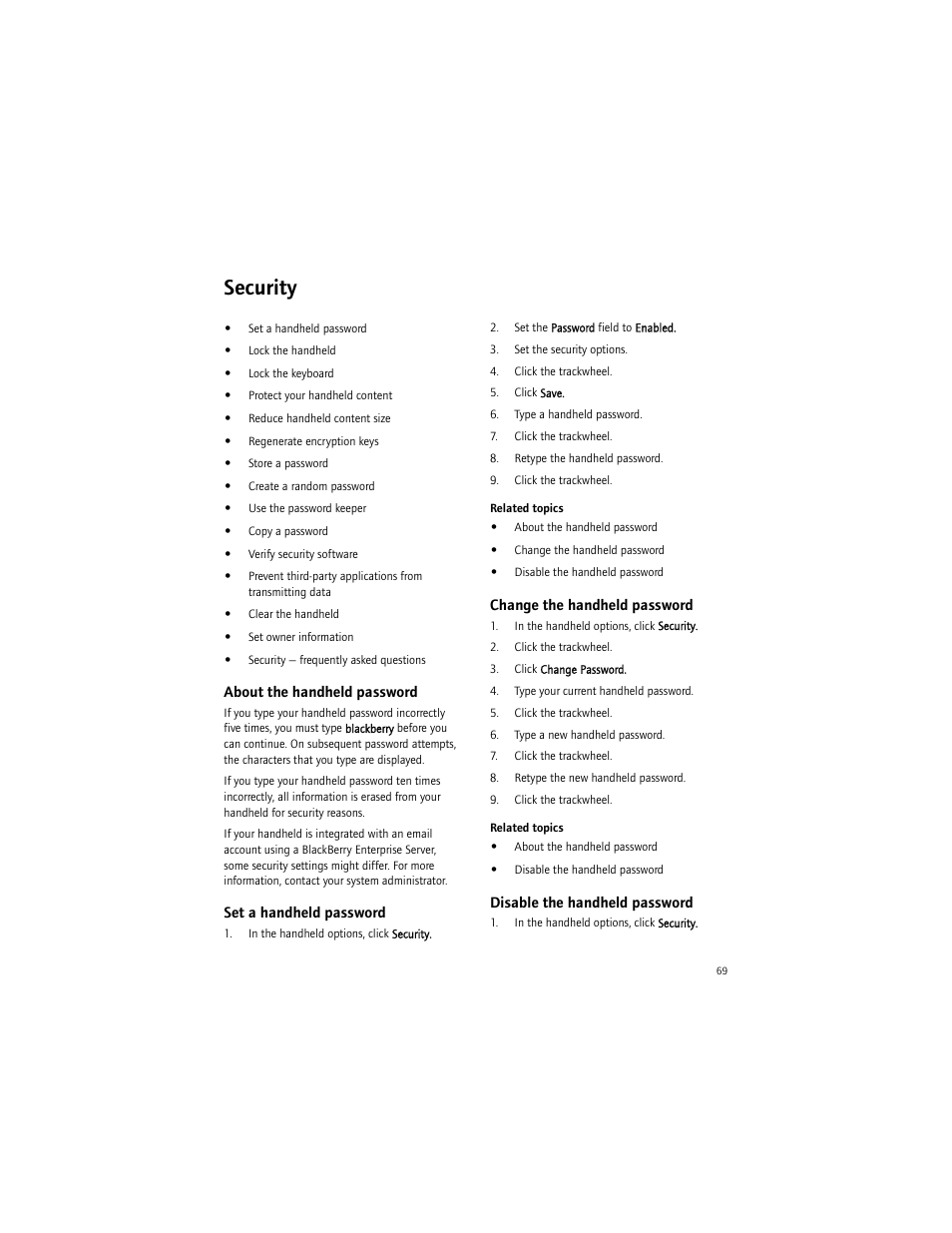 Security, About the handheld password, Set a handheld password | Change the handheld password, Disable the handheld password | Blackberry 6750 User Manual | Page 69 / 130