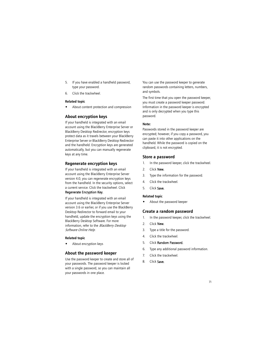 About encryption keys, Regenerate encryption keys, About the password keeper | Store a password, Create a random password | Blackberry 6750 User Manual | Page 71 / 130