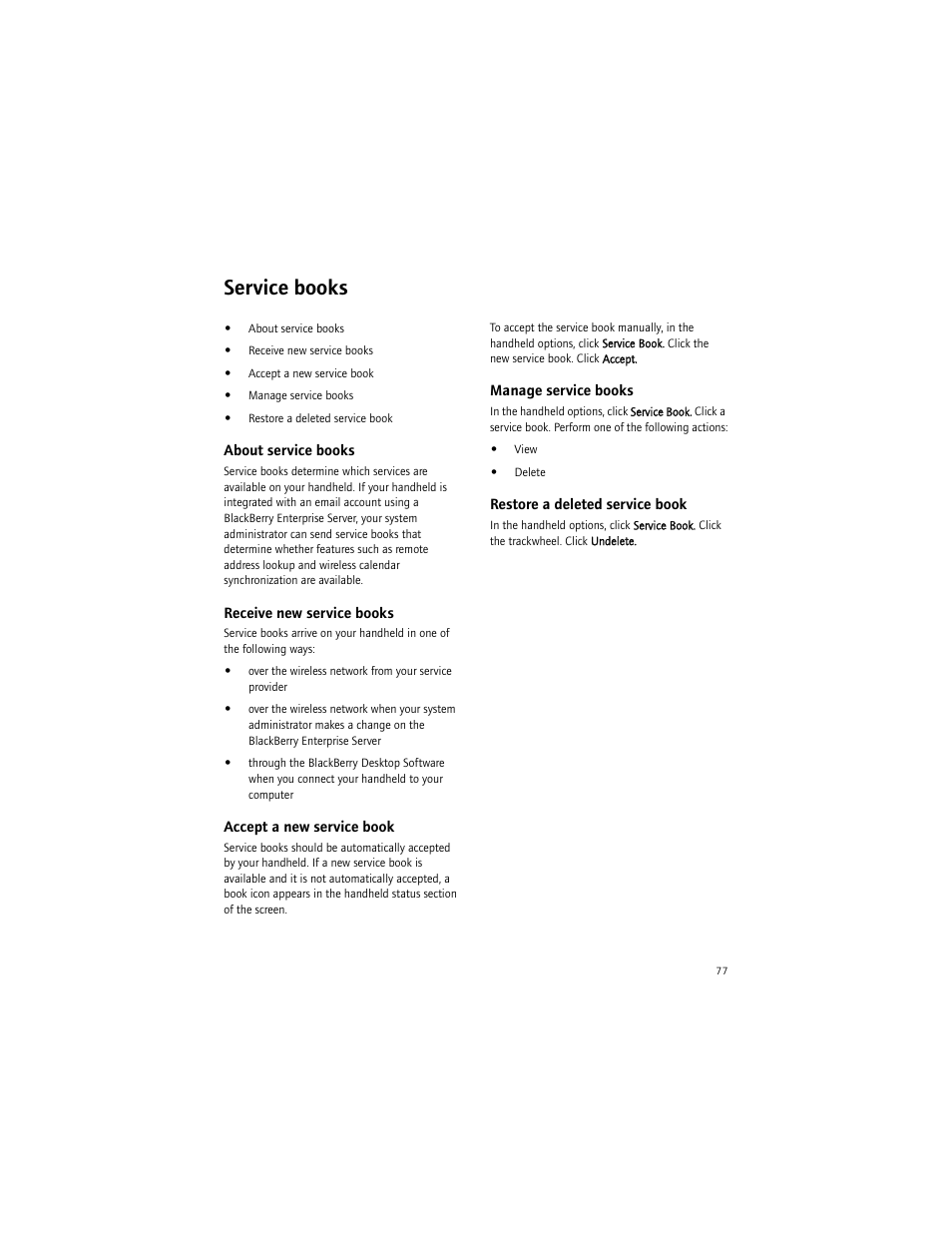 Service books, About service books, Receive new service books | Accept a new service book, Manage service books, Restore a deleted service book | Blackberry 6750 User Manual | Page 77 / 130
