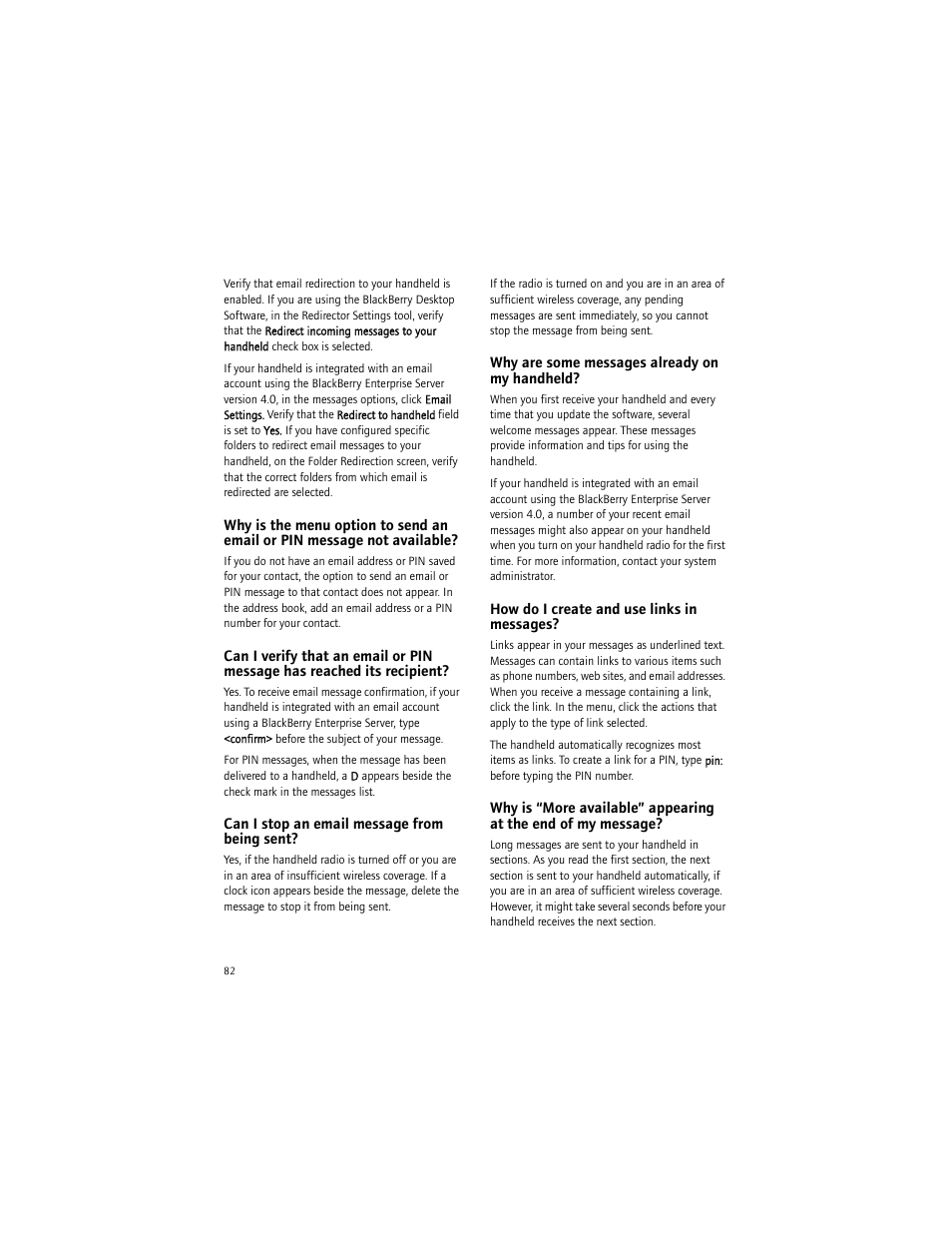 Can i stop an email message from being sent, Why are some messages already on my handheld, How do i create and use links in messages | Blackberry 6750 User Manual | Page 82 / 130