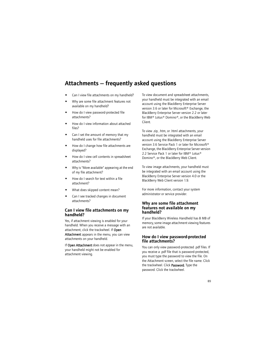 Attachments - frequently asked questions, Can i view file attachments on my handheld, How do i view password-protected file attachments | Attachments — frequently asked questions | Blackberry 6750 User Manual | Page 89 / 130