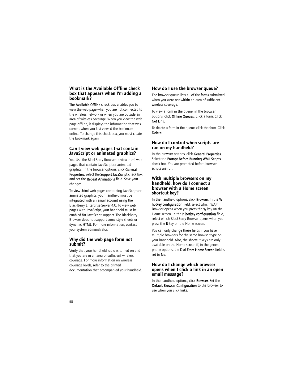 How do i use the browser queue | Blackberry 6750 User Manual | Page 98 / 130