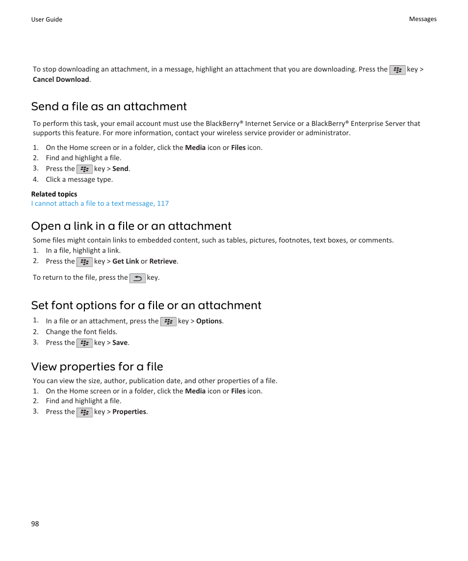 Send a file as an attachment, Open a link in a file or an attachment, Set font options for a file or an attachment | View properties for a file | Blackberry PEARL 9105 User Manual | Page 100 / 325