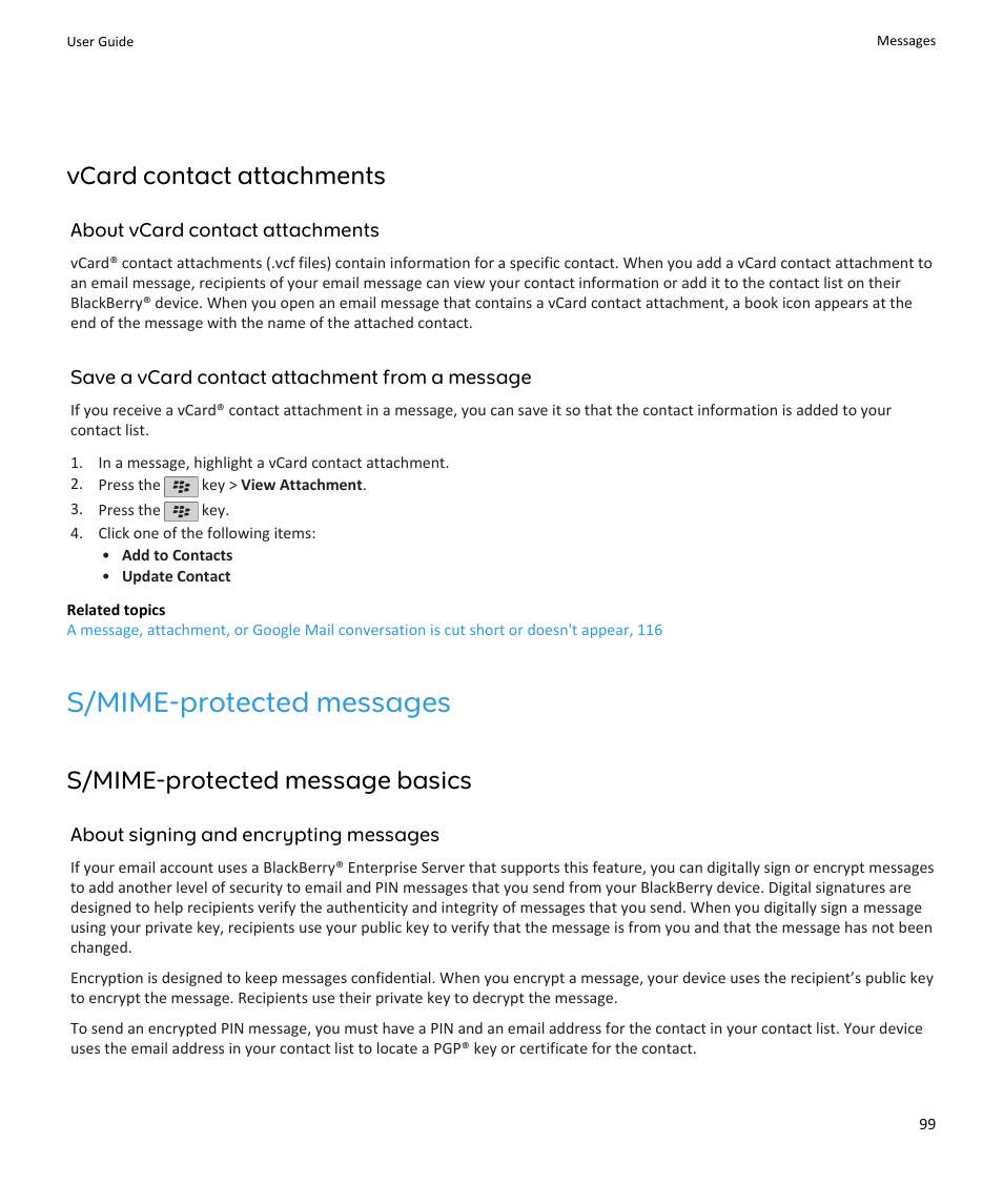S/mime-protected messages, Vcard contact attachments, S/mime-protected message basics | Blackberry PEARL 9105 User Manual | Page 101 / 325