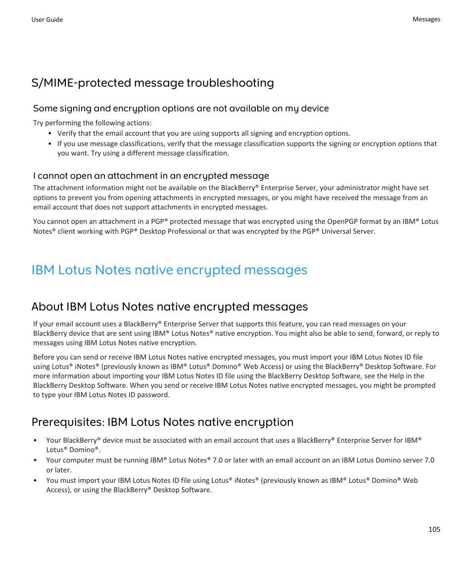 Ibm lotus notes native encrypted messages, S/mime-protected message troubleshooting | Blackberry PEARL 9105 User Manual | Page 107 / 325