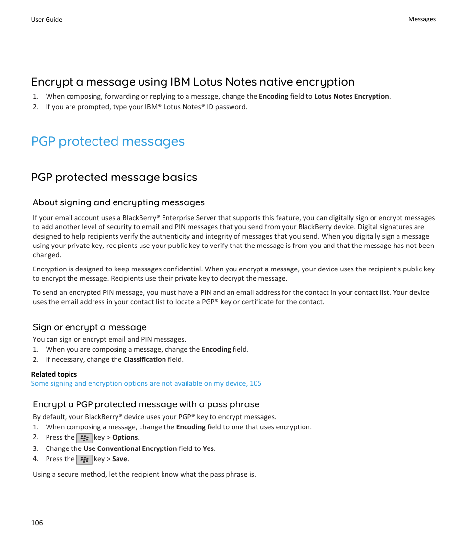 Pgp protected messages, Pgp protected message basics | Blackberry PEARL 9105 User Manual | Page 108 / 325
