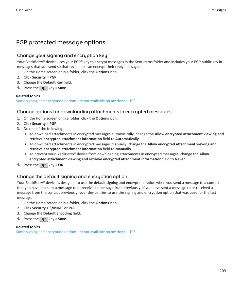 Pgp protected message options | Blackberry PEARL 9105 User Manual | Page 111 / 325