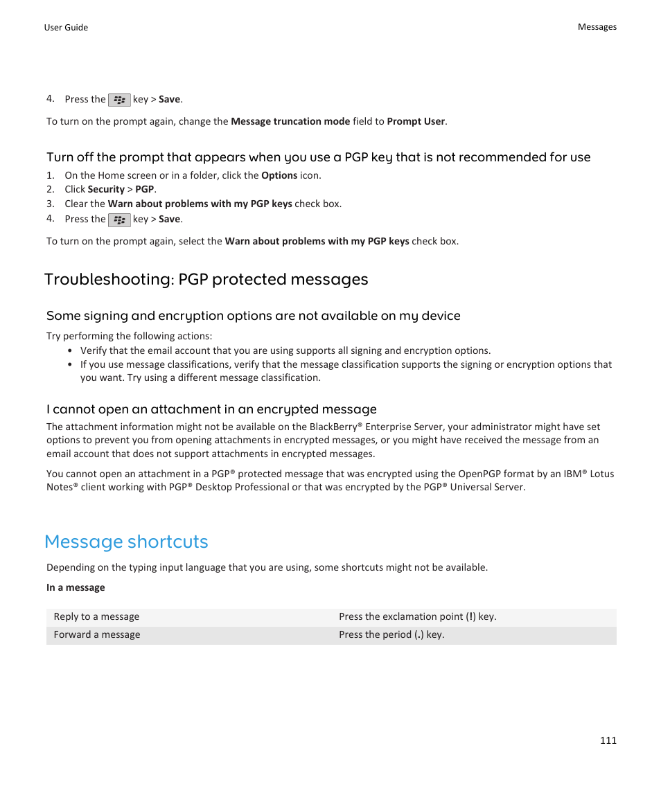 Message shortcuts, Troubleshooting: pgp protected messages | Blackberry PEARL 9105 User Manual | Page 113 / 325