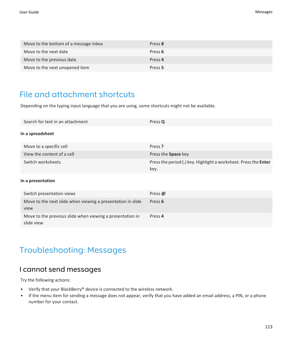 File and attachment shortcuts, Troubleshooting: messages, I cannot send messages, 113 | I cannot send messages | Blackberry PEARL 9105 User Manual | Page 115 / 325
